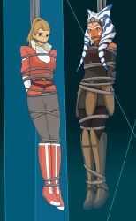 2girls adora ahsoka_tano alien arms_behind_back blonde_female blonde_hair blue_background blue_eyes blue_hair bondage boots bound brown_boots brown_shirt cable captured captured_heroine clothing crossover damsel_in_distress defeated defeated_heroine female female_focus female_only full_body fully_clothed gag gagged grey_pants helpless hi_res jacket long_hair looking_down mikesedam2 orange_skin pants ponytail red_boots red_jacket she-ra_and_the_princesses_of_power shirt star_wars star_wars_rebels suspension two_tone_hair white_hair white_shirt