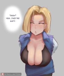 1girls 2022 android_18 artist_signature blonde_hair blue_eyes boobs bored bored_expression breast_focus breasts busty cleavage clothed_female dialogue disinterested dragon_ball dragon_ball_z english_text female female_only hanging_breasts hi_res huge_breasts impatient large_breasts leaning_forward paranoiddroid patreon_username short_hair showing_off_breasts simple_background talking_to_viewer text tits