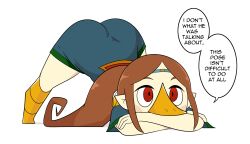 1girls ass_in_dress avian big_butt bottomless bottomless_skirt brown_hair challenge dangerking11 dress edit female_only jack-o_pose looking_up medli red_eyes rito simple_background solo solo_female speech_bubble text text_bubble the_legend_of_zelda the_wind_waker white_background wind_waker young