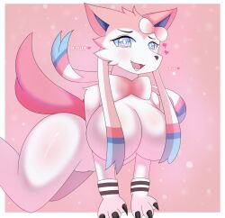 all_fours anthro ass big_(disambiguation) breasts convenient_censorship eeveelution felid feline female fur hair hi_res looking_at_viewer mammal nintendo pink_body pink_fur pink_theme pokémon_(species) pokemon pokemon_(species) pose ribbons smile solo sylveon text video_games white_body white_fur whiteyonggari_(artist)