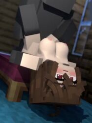 1boy 1girls 3d animated anon bed beveledblock blush breasts brown_hair elbow_gloves laying_on_back laying_on_bed mida_(beveledblock) mine-imator minecraft mostly_nude nipples no_sound red_eyes sex tagme thighhighs video