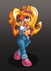 anthro breasts coco_bandicoot crash_(series) eyeshadow fur furry lipstick nipples overalls siroc tongue_out wide_hips