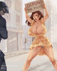 big_nipples breasts_bigger_than_head brown_hair casual cleavage clothing defund_the_police dress erect_nipples erect_nipples_under_clothes female huge_breasts human large_breasts long_nipples mazzlesdraws pale_skin police political politics protest protest_sign protestor public public_exposure short_dress upskirt