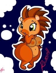 anthro breasts eulipotyphlan female fur green_eyes hasbro hedgehog littlest_pet_shop mammal navel nipples orange_body orange_fur pandafox_(artist) quills rule_63 russell_ferguson solo