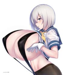 3rd_party_edit black_legwear blue_eyes breast_hold breasts female gigantic_breasts gloves hair_ornament hair_over_one_eye hairclip hamakaze_(kantai_collection) kantai_collection pantyhose pantyhose_over_swimsuit school_uniform serafuku short_hair short_sleeves silver_hair slingshot_swimsuit solo swimsuit ulrich_(tagaragakuin) white_gloves