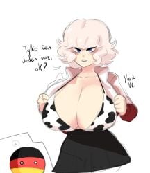 1boy 1girls big_breasts blue_eyes blush breasts breasts_bigger_than_head country_inc_(yuric_inc) countryballs countryhumans countryhumans_girl cow_print eastern_european germany_(countryhumans) gigantic_breasts huge_breasts human human_only hyper_breasts imminent_sex large_breasts light-skinned_female light_skin massive_breasts national_personification poland poland_(countryhumans) poland_(yuric_inc) polish polish_text short_hair slavic straight white_hair yuric_inc