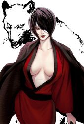 19csupervillain asian_female bandages black_hair cleavage eye_patch female female_only genderswap_(mtf) gintama hair_over_one_eye haori japanese_clothes kimono lipstick looking_at_viewer medium_breasts no_bra open_kimono pale-skinned_female pale_skin red_lipstick rule_63 short_hair smile solo takasugi_shinsuke very_short_hair