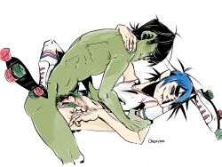 2d_(gorillaz) anal_sex artist_signature black_hair blue_hair bowl_cut cherriiboi dolphin_shorts gorillaz green_shorts green_skin male/male male_focus murdoc_niccals roller_skates see-through_clothing striped_legwear tube_socks