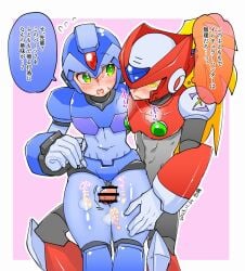 2boys android armor artist_request blonde_hair duo helmet long_hair male mega_man mega_man_x penis ponytail robot standing thigh_job thigh_sex x_(mega_man) yaoi zero_(mega_man)