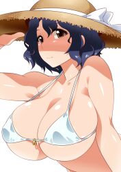 1girls bikini breasts brown_eyes busty cleavage color colored commentary_request eyebrows_visible_through_hair female female_focus female_only female_solo hand_on_headwear hat huge_breasts human human_only idolmaster idolmaster_million_live! large_breasts light-skinned light-skinned_female light_skin looking_at_viewer namidame only_female purple_hair short_hair simple_background smile smiling solo solo_focus straw_hat string_bikini sun_hat swimsuit swimwear top_heavy toyokawa_fuuka wavy_hair white_background white_bikini