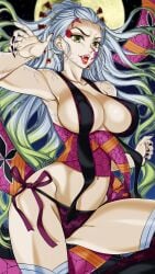 big_breasts black_nails cleavage daki_(kimetsu_no_yaiba) demon_girl demon_slayer eyeshadow facial_markings fangs female female_only green_eyes hair_ornament hanzaki_jirou kimetsu_no_yaiba lingerie long_fingernails long_hair moon obi open_mouth outside red_lipstick revealing_clothes sharp_fingernails side-tie_panties sideboob smile solo thighhighs two_tone_hair veins white_hair wide_hips