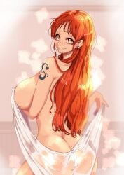 1girls 2022 ass bathroom breasts brown_eyes female female_only hi_res hips huge_ass huge_breasts indoors kiss_and_fafa long_hair looking_at_viewer looking_back nami naughty_face one_piece orange_hair post-timeskip see-through_towel shoulder_tattoo sideboob slim_waist solo steam suggestive_look tattoo thick_thighs thighs towel wide_hips