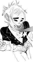 2d_(gorillaz) ahe_gao bulge cherriiboi cum_in_mouth cumshot disembodied_hand face_grab gay gorillaz grabbing_face monochrome squished_cheeks twink unbuttoned_shirt yaoi