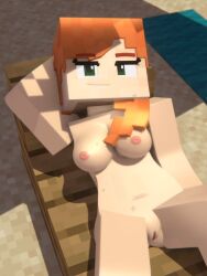 3d alex_(minecraft) beach beach_towel beveledblock breasts casual female green_eyes human laying_on_back looking_at_viewer mine-imator minecraft nipples nude orange_hair pale_skin pussy smile smiling smiling_at_viewer square_head sweat