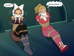 2girls absurd_res adora ahsoka_tano angry arms_behind_back blonde_female blonde_hair blue_eyes bondage boots bound bound_ankles bound_arms bound_legs brown_dress brown_pants captured captured_heroine crossover damsel_in_distress defeated defeated_heroine dress female female_focus female_only gag gagged gagged_speech gregory-gid-did grey_boots grey_eyes grey_hair helpless jacket long_hair looking_at_viewer motion_lines orange_skin pants pink_pants ponytail red_boots red_jacket restrained rope rope_bondage she-ra_and_the_princesses_of_power shirt speech_bubble star_wars star_wars_rebels struggling text two_tone_hair white_hair white_shirt