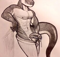 1boy 2021 anthro black_and_white bodily_fluids dripping genital_fluids genitals girthy grin half_naked kim_trello male male_only monochrome muscular muscular_male penis precum precum_drip reptile scalie smile solo sweat traditional_media_(artwork)