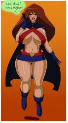 1girls alien alien_girl annon bimbo breasts cape dc dc_comics eyeshadow freckles huge_breasts lipstick long_hair looking_at_viewer makeup megan_morse miss_martian nipple_bulge red_hair skimpy slap solo speech_bubble text thick_lips thick_thighs voluptuous wide_hips young_justice