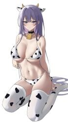 1girls 2022 animal_ears animal_print bell bikini biya black_choker blue_eyes blush breasts choker cow_ears cow_horns cow_print cowbell eyebrows_visible_through_hair female female_only foot_out_of_frame hi_res highres horns kneeling large_breasts long_hair looking_at_viewer neck_bell original print_legwear purple_hair side-tie_bikini simple_background solo solo_female straight_hair sweatdrop swimsuit thighhighs very_high_resolution very_long_hair white_background wrist_cuffs yuna_(biya)