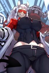 azazel_(helltaker) bangs big_breasts curvy demon_girl demon_horns erect_nipples examtaker female glasses goggles grin helltaker horns huge_breasts labcoat looking_at_viewer looking_down loremaster_(helltaker) male midriff nipple_bulge nuezou ponytail red-tinted_eyewear subject_67_(helltaker) sunglasses tinted_eyewear visor white_hair