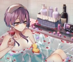 1girls alcohol artist_name bangs basket bathing bathtub bernadetta_von_varley bottle candle cellphone commentary cup drinking_glass eine_(eine_dx) eyebrows_visible_through_hair female female_only fire_emblem fire_emblem:_three_houses grey_eyes hair_between_eyes highres holding holding_cup nintendo nude partially_submerged petals petals_on_liquid phone post-timeskip purple_hair rubber_duck short_hair short_hair_with_long_locks smartphone soap_bottle solo spotify towel towel_on_head wine wine_bottle wine_glass