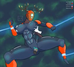 abs antlers armor bodysuit breast_squeeze breasts dildo female glowing hands helmet huntress_(risk_of_rain) nipples nipples_visible_through_clothing red_armor red_helmet risk_of_rain risk_of_rain_2 struggling tagme theboiinbox vaginal_penetration