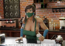 1girls 3d apron apron_only armwear artist_name avatar_legends busty dark-skinned_female dark_skin down_blouse english_text face_mask facewear female female_only hourglass_figure human iced_latte_with_breast_milk korra large_breasts mask meme naked_apron nickelodeon outerwear smooth_skin solo text the_avatar the_legend_of_korra unicorncrimes water_tribe wide_hips