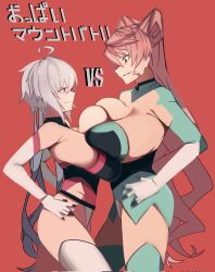 2girls ahoge alternate_breast_size breast_contest breast_press breasts cleavage detached_sleeves eyebrows_visible_through_hair hand_on_hip highres huge_breasts long_hair looking_at_another maria_cadenzavna_eve multiple_girls pink_hair red_background senki_zesshou_symphogear shin_deadball_iwata simple_background smirk symmetrical_docking thighhighs translated very_long_hair white_hair yukine_chris