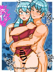 1boy 1girls bare_thighs blue_eyes blue_hair breasts censored eirika_(fire_emblem) ephraim_(fire_emblem) female fire_emblem fire_emblem:_the_sacred_stones hug incest long_hair male medium_breasts mimizunooka nintendo panties sex shocked sound_effects thighhighs thighs vaginal_penetration white_panties wide_eyed x-ray