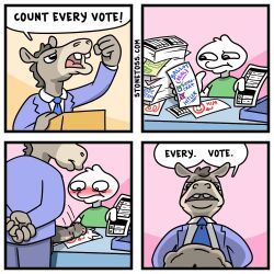 2021 angry animal_genitalia animal_penis anthro asinus blush comic democrat_donkey donkey duo edit equid equine genitals human lewd_toss male mammal meme penis politics stonetoss voting voting_booth