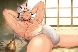 arataki_itto arkapami armpit_hair armpits arms_up blush body_markings bracelets bulge choker demon_boy erection_under_clothes facial_markings fangs fundoshi genshin_impact hands_behind_head horns long_hair_male male male_only muscular muscular_male on_back oni shouji solo sweat tatami tenting thick_eyebrows white_hair wrist_cuffs