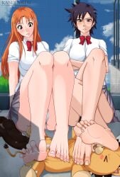 1boy 2girls arisawa_tatsuki barefoot big_breasts black_hair bleach blush blush_stickers breasts brown_eyes cameltoe crossed_arms feet feet_together foot_fetish foot_focus friends inoue_orihime kandenrem kon kon_(bleach) loafers long_toes lying_on_back multiple_girls orange_hair panties pov_feet school_uniform schoolgirl shirt shoes shoes_removed sitting skirt soles stomping stuffed_animal stuffed_toy tatsuki_arisawa toenails toes underwear