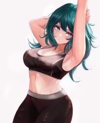 1girls armpits arms_up bangs bare_shoulders black_bra blue_eyes bra breasts byleth_(fire_emblem) byleth_(fire_emblem)_(female) cleavage closed_mouth collarbone cowboy_shot female female female_only fire_emblem fire_emblem:_three_houses green_hair large_breasts leonmandala long_hair midriff nintendo purple_eyes simple_background sports_bra stretch sweat swept_bangs underwear