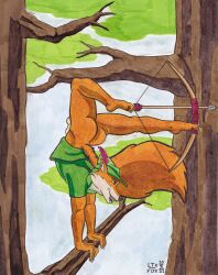 1boy absurd_res anthro arched_back archer archery ass barefoot bow_(weapon) claws disney feet flexible furry_only genitals hi_res latex_fox male male_only penis plantigrade pose ranged_weapon robin_hood_(character) robin_hood_(disney) smile smirk solo toes weapon