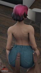 1girls 3d blender buttjob dark_skin female fortnite jeans partial_male red-j red_hair red_lj shorts sunny_(fortnite)