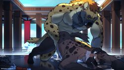 anal anal_sex anthro ass_up bodily_fluids closed_eyes cum cum_in_ass cum_inside cum_on_ground detailed_background duo from_behind_position genital_fluids gnoll hi_res hyaenid kneeling male male/male male_penetrated male_penetrating male_penetrating_male mammal muscular muscular_male nipples pecs penetration sex sinibun_95 spotted_hyena tongue tongue_out