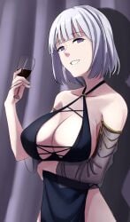 1girls big_breasts cyka fringe girls'_frontline looking_at_viewer medium_hair purple_eyes rpk-16_(girls'_frontline) short_hair silver_hair white_hair