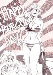 1boy 1girls 4th_of_july abs american_flag american_flag_bikini bald_eagle bikini burger eltonel female fireworks fit fit_female flag flag_bikini gun human human_only light-skinned_female light_skin male national_personification original original_character united_states_of_america usa wide_hips