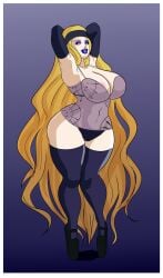 annon bimbo bimbofication blonde_hair blue_lipstick chihaya_mifune eyeshadow high_heels large_breasts large_lips lipstick long_hair mifune_chihaya persona persona_5 showing_off thick_lips