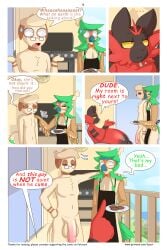 anthro apron clothing comic decidueye english_text eyewear generation_2_pokemon generation_7_pokemon genitals glasses hi_res incineroar lysergide male nintendo nude penis pokemon pokemon_(species) smeargle text