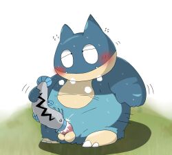 2022 anthro balls barboach belly big_belly blue_body blush bodily_fluids cum cum_in_mouth cum_inside cute_fangs duo ejaculation erection feral genital_fluids genitals ginpachi914 hi_res kemono living_condom male munchlax nintendo oral overweight overweight_male penis pokémon_(species) pokemon sweat video_games