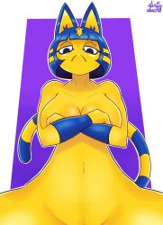 2021 animal_crossing ankha ankha_(animal_crossing) ankha_ride_(minus8) anthro blonde_hair blue_body blue_ears blue_eyes blue_fur blue_hair blue_tail breasts crossed_arms digital_drawing_(artwork) digital_media_(artwork) dirtyduckart domestic_cat felid feline felis female fur genitals hair hi_res looking_at_viewer mammal multicolored_body multicolored_ears multicolored_fur multicolored_hair multicolored_tail nintendo nude purple_background pussy signature simple_background solo text video_games white_background yellow_body yellow_ears yellow_fur yellow_tail