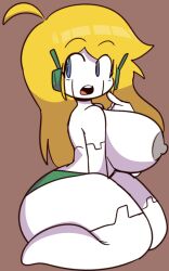 big_breasts blonde_hair blue_eyes canon_panties cave_story curly's_panties curly_brace huge_breasts looking_at_viewer mob_face nipple nub_feet p-con robot robot_girl sitting sitting_down thick_ass white_body