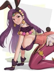 all_fours brown_eyes bunny_ears bunnysuit fire_emblem fire_emblem_echoes:_shadows_of_valentia fire_emblem_heroes gonzarez looking_at_viewer purple_hair side_view sideboob sonya_(fire_emblem) sonya_(spring)_(fire_emblem) thick_thighs