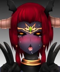 ahe_gao big_breasts blush dragon_wings eydis_nidhoggr_(monster_girl_island) eyes_rolling_back horns lamia lowres monster_girl monster_girl_island open_mouth peace_sign purple_skin red_hair snake_girl tongue_out yellow_eyes