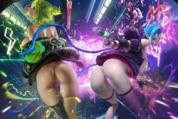 2girls arcane big_ass big_breasts big_butt blue_hair chewing_gum dat_ass green_hair gum gun jinx_(league_of_legends) league_of_legends league_of_legends:_wild_rift medium_breasts multiple_girls pale-skinned_female pale_skin partially_clothed powder_(arcane) sakimichan thick_thighs zeri_(league_of_legends)