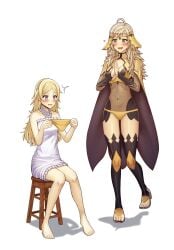 2girls :d absurdres ahoge alternate_hairstyle asymmetrical_bangs bangs bare_legs bare_thighs barefoot blonde_hair blue_hair blush bodystocking breasts cape cleavage clenched_teeth confusion covered_navel dress embarrassed female female_only fire_emblem fire_emblem_awakening fire_emblem_fates gift grandmother_and_granddaughter grey_eyes hair_down happy highres lissa_(fire_emblem) long_hair medium_breasts multiple_girls nightgown nintendo open_mouth ophelia_(fire_emblem) panties saikunartworks sitting small_breasts stool sweatdrop thighhighs thighs turtleneck unamused underwear white_background yellow_panties