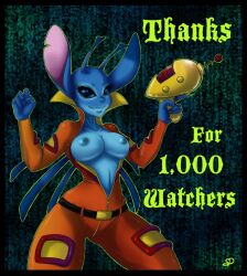 2012 4_fingers alien antennae_(anatomy) anthro anthrofied areola back_spines black_border blue_areola blue_eyes blue_nipples border breasts clothed clothing dipstick_antennae disney english_text experiment_(lilo_and_stitch) eyelashes female fingers ghostmotus holding_object holding_weapon lilo_and_stitch looking_at_viewer milestone_celebration mtf_crossgender multicolored_antennae nipples notched_ear open_shirt outline plasma_blaster plasma_gun ranged_weapon rule_63 shirt simple_background smile solo spacesuit standing stitch text textured_background topwear weapon zipper