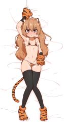 1girls :< aisaka_taiga alternate_costume animal_ears animal_hands animal_print arm_up armpits artist_name ass_visible_through_thighs bangs bare_shoulders bed_sheet bikini bikini_pull black_legwear blush breath brown_hair closed_mouth collarbone commentary cum cum_on_stomach dakimakura_(medium) eyebrows_visible_through_hair female flat_chest from_above full_body gloves highres knees_together_feet_apart layered_gloves liveactors long_hair looking_at_viewer lying navel nose_blush on_back orange_bikini orange_footwear orange_gloves paw_gloves paw_shoes pulled_by_self purple_eyes sheet_grab shiny shiny_hair shiny_skin sidelocks signature simple_background skindentation solo steam steaming_body stockings stomach string_bikini sweat swimsuit tail thighhighs tiger_ears tiger_girl tiger_print tiger_tail toradora! true_flat_chest twitter_username white_background