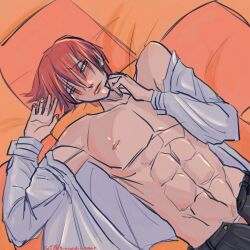 1boy abs bare_shoulders blush hisoka_morow hunter_x_hunter laying_on_bed lips male male_only pink_hair shy solo submissive_male