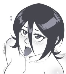 1girls ahegao black_hair bleach kneeling kuchiki_rukia looking_pleasured simple_background solo solo_female tongue toorudraws